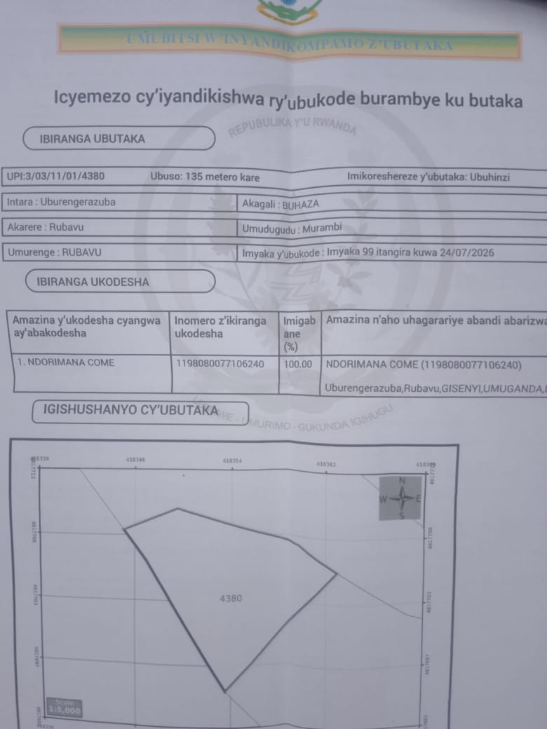 Icyangombwa cy'ubu butaka cyerekana ko ari ubwa Ndorimana Come