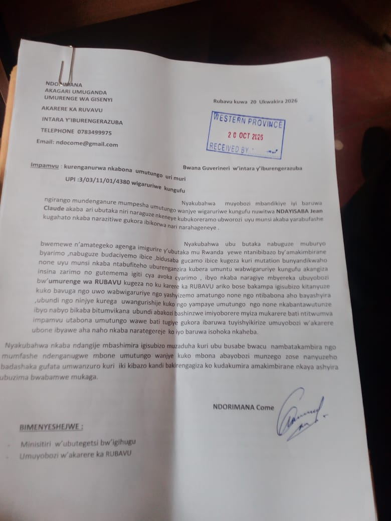 Kopi y'ibaruwa Ndorimana yandikiye ubuyobozi bw'Intara 