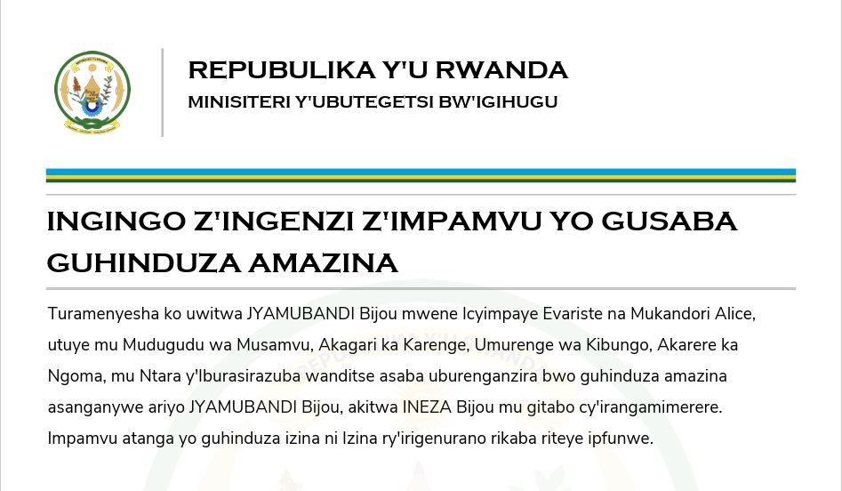 Itangazo ryo guhindura izina akitwa Ineza Bijou